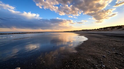 Fototapeta premium Scenic seashore with clouds and vibrant skies reflected in the calm waters during golden hour : Generative AI