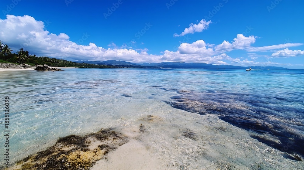 Poster crystal clear shallow waters on a beach with rocks and tropical landscape in the background : genera