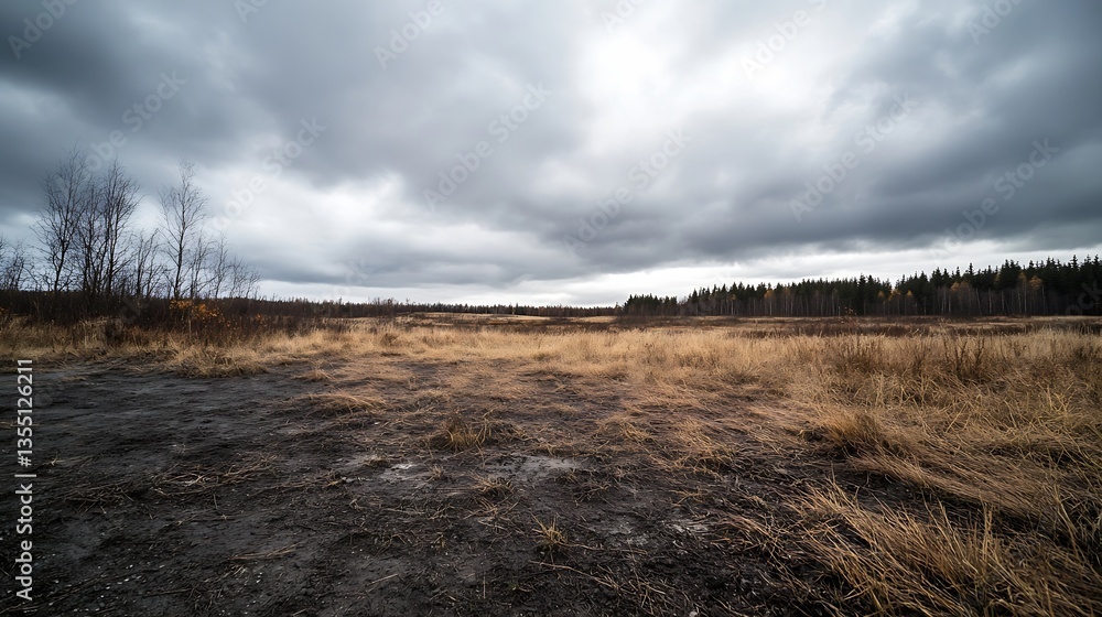 Poster vast empty field under dramatic cloudy skies creating a captivating atmospheric landscape : generati