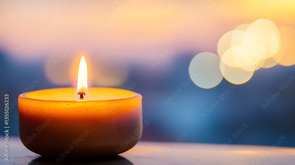 Poster a warm candle flame flickering in a cozy ambient setting during sunset : generative ai