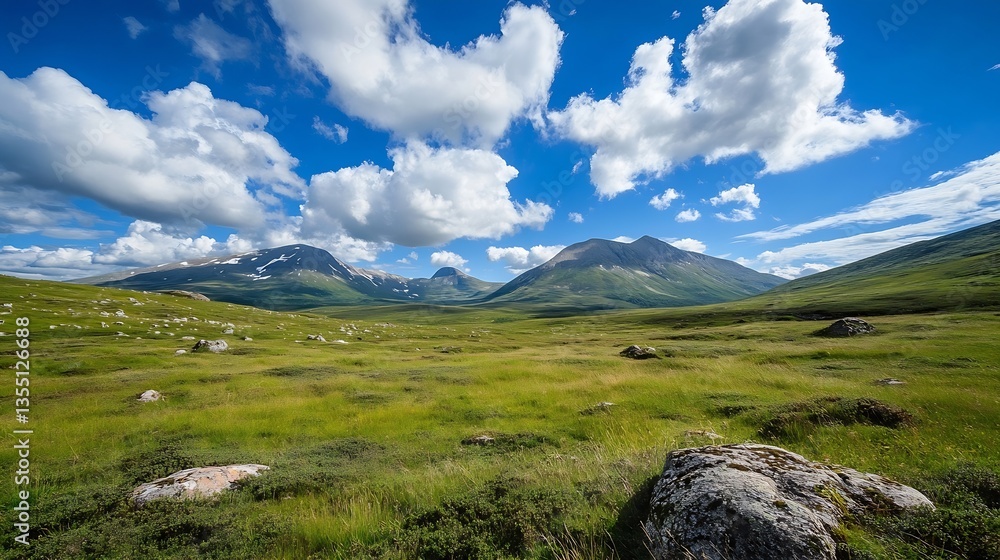 Poster expansive mountain landscape with lush greenery and fluffy clouds under a bright blue sky : generati