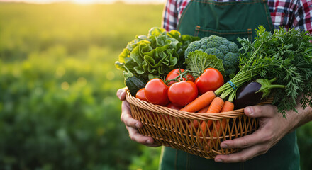 Fototapeta premium Person holding a basket of fresh vegetables in a field