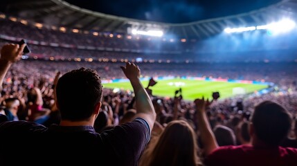 Cheering crowd at a vibrant night soccer game with bright stadium lights in the background : Generative AI