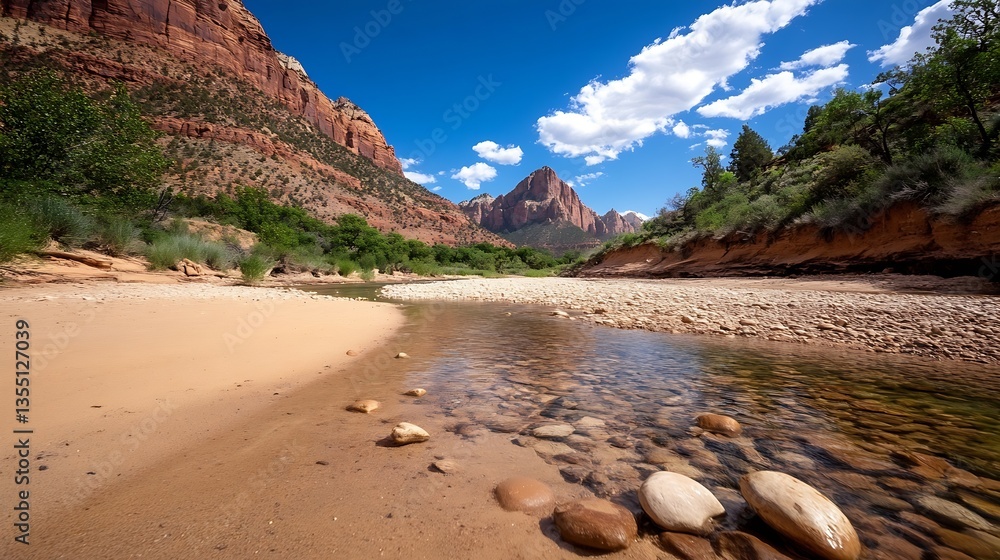 Aufkleber beautiful red rock formations with lush greenery and clear stream under bright blue skies and soft c