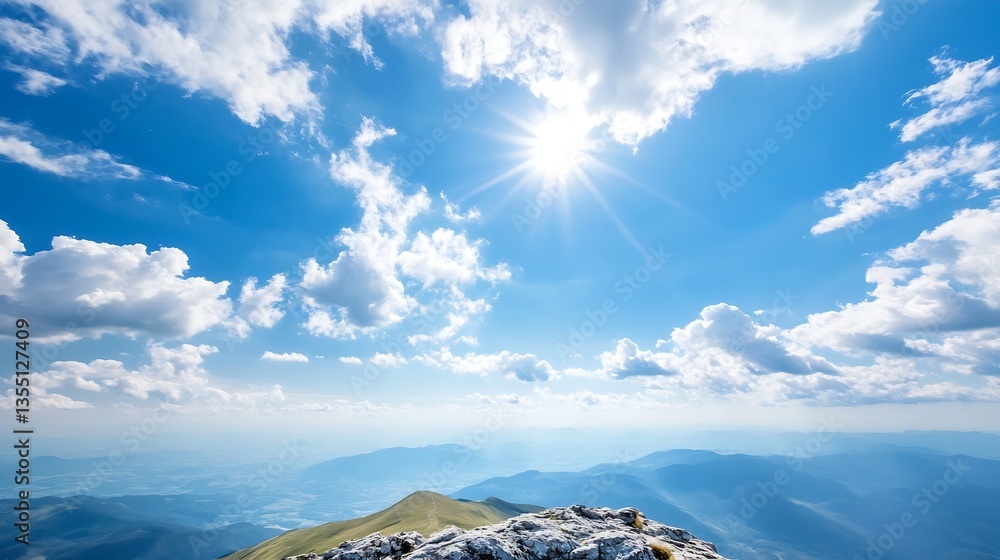 Poster breathtaking view from the mountaintop showcasing bright sky clouds and sun rays in a clear landscap