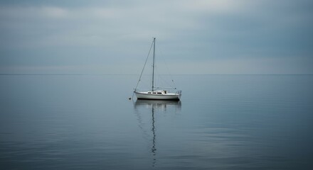 Serene Sailboat at Anchor on Calm Water - Solitude, peace, tranquility, hope, and journey symbolized by a small sailboat gently anchored in the still waters under a soft sky