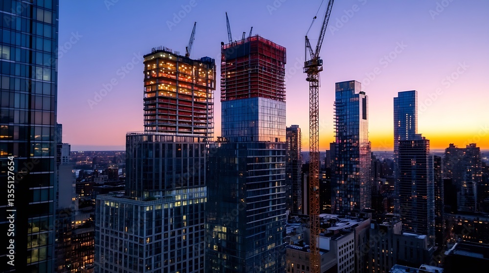 Poster construction cranes working on a modern skyline at sunset with illuminated buildings : generative ai
