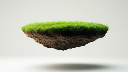 A circular piece of terrain levitating, covered in vibrant green grass, exposed earth layers beneath