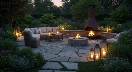 Serene Stone Patio Fire Pit Design - Tranquil evening scene of a stone patio with a fire pit, seating area, and ambient lighting. Perfect for relaxation and entertainment