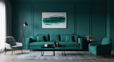 bright modern living room interior in transformative teal color of the year 2026