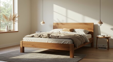 Serene Sunlight Bedroom Sanctuary - Peaceful morning light fills a minimalist bedroom, showcasing a solid wood bed, soft linens, and calming bedside lighting. Represents tranquility, simplicity