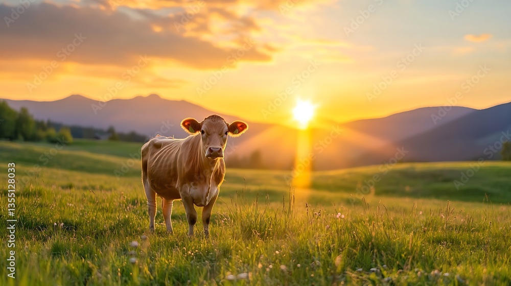 Poster peaceful cow standing in a green field during a vibrant sunset with mountains in the background : ge