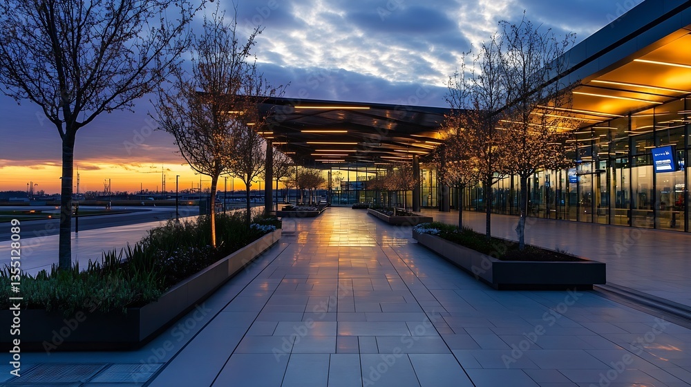 Poster Modern airport terminal designed with sleek architecture featuring bright lights and beautiful landscaping : Generative AI