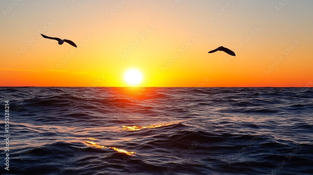 Poster stunning sunset over ocean waves with flying birds creating a peaceful serene atmosphere : generativ