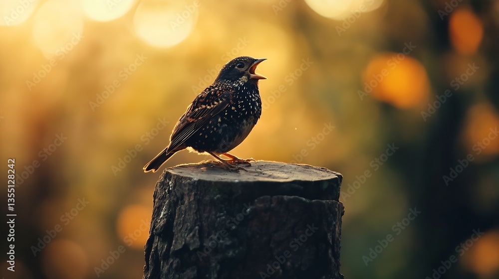 Poster vibrant bird singing on a stump surrounded by a blurred natural background : generative ai
