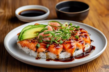 Sushi cake with salmon, avocado, and sesame seeds being prepared with soy sauce on wooden table
