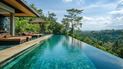 Serene Infinity Pool Overlooking Lush Green Tropical Landscape