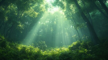 Mystical Sunbeams Illuminating Lush Green Forest Tranquil Nature Scene