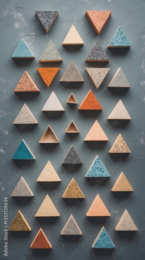 Poster triangles arranged with textured fills in an artful display for modern wallpaper design
