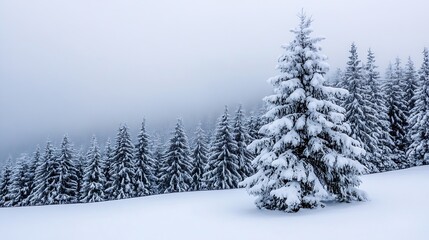 Fototapeta premium Snowcovered pine trees standing tall in a serene winter landscape captured in tranquil solitude : Generative AI