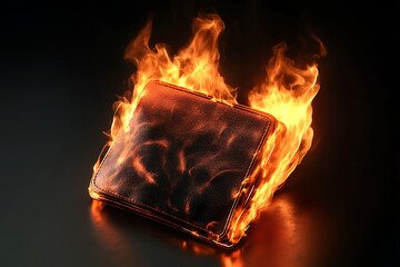 A leather wallet engulfed in flames, showcasing intense fire and smoke effects in a dark setting