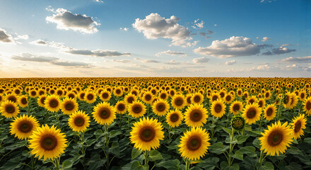 Fototapeta premium Sunflower field under blue sky with clouds