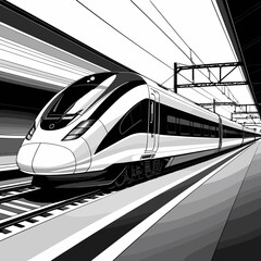 High-Speed Train Leaving Station in Black and White Illustration for Commuter Travel