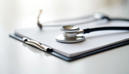 Close-up stethoscope on clipboard at doctors office. Medical instrument for checkup, examination, health diagnostic. Consultation, appointment with general practitioner. Healthcare, medicine, medical