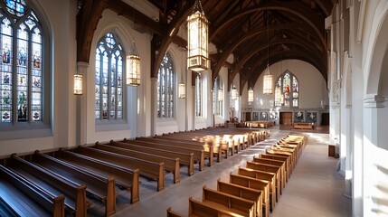 Fototapeta premium Interior view of beautiful church with wooden architecture and stained glass windows illuminated by sunlight : Generative AI