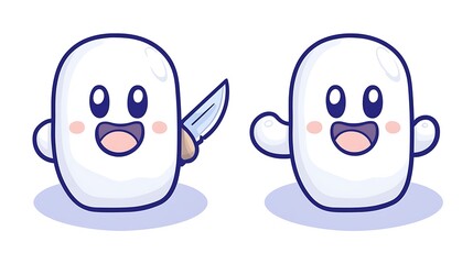 Obraz premium Two happy cartoon ghosts with one holding a small knife