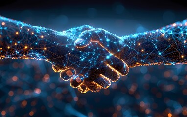 Digital Handshake with Glowing Network Connecting Two Partners Illustration