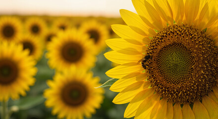 Obraz premium Sunflower in bloom with bee against field background