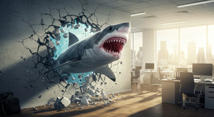 Shark in the Office: A Surreal Business Scene - A great white shark bursts through a wall into a modern office, symbolizing disruption, unexpected challenges, breaking boundaries, corporate predators