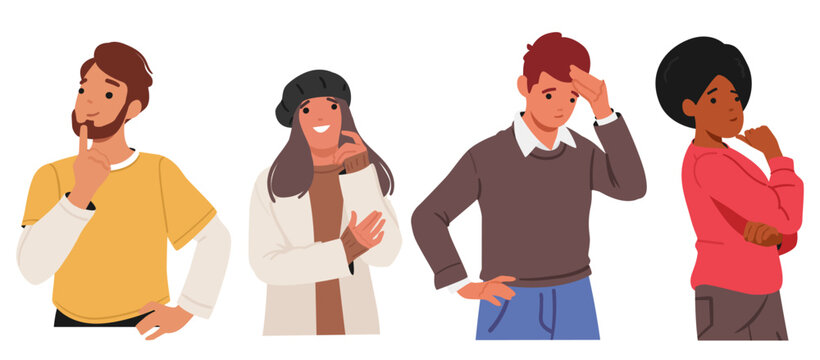 Young people diverse cartoon character thinking feeling ambivalent mixed emotions isolated set