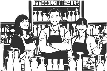 Black and white illustration of pub staff behind bar smiling