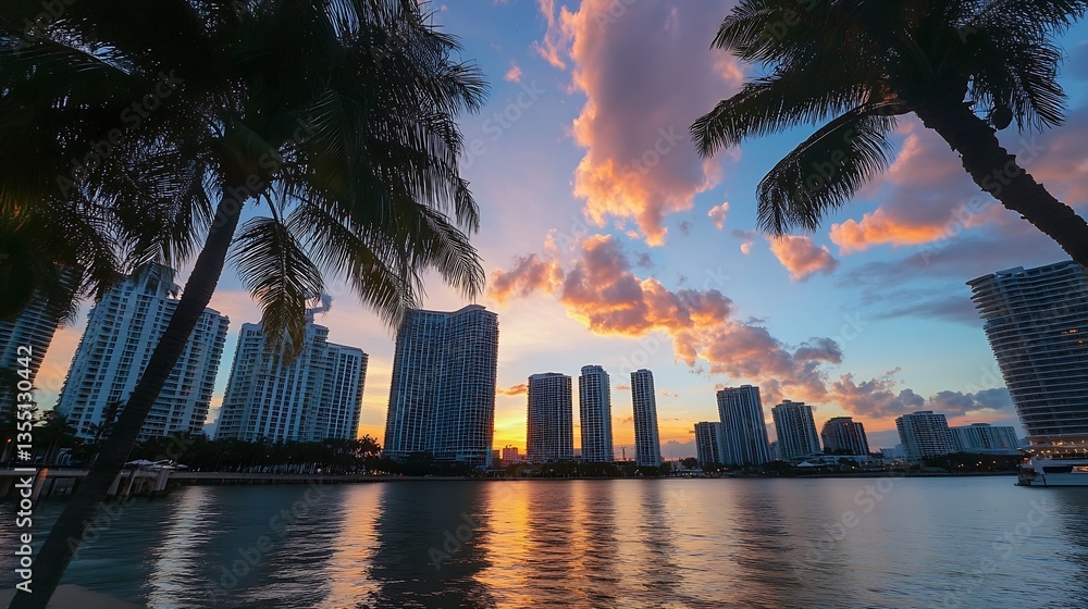 Poster Vibrant sunset over urban skyline with colorful clouds and palm trees reflecting on water : Generative AI