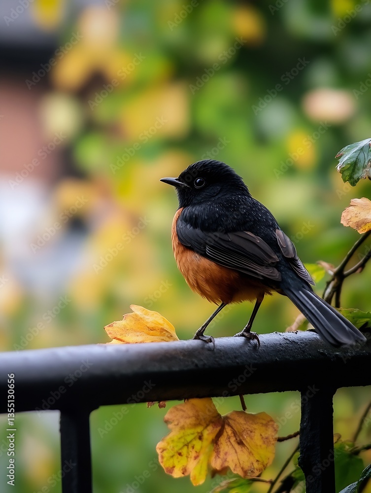 Poster charming small bird perched on a railing amidst autumn leaves showcasing its vibrant colors in soft 