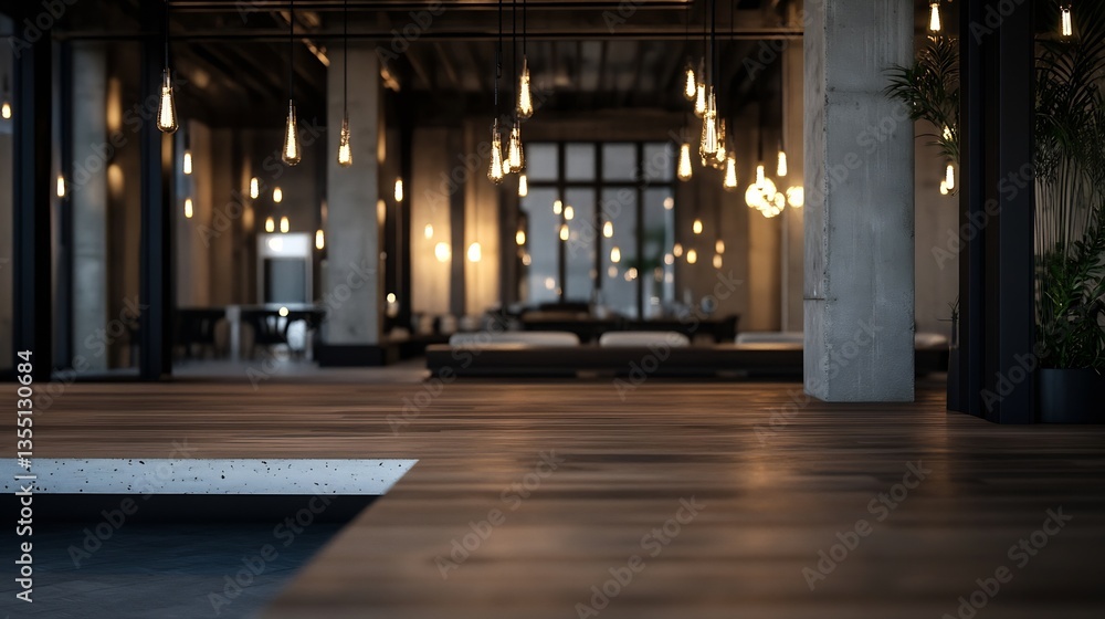 Poster modern indoor space with minimalist design illuminated by hanging lights creating a cozy ambiance : 