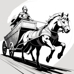 Roman Chariot with Armored Warrior in Bold Black and White Illustration