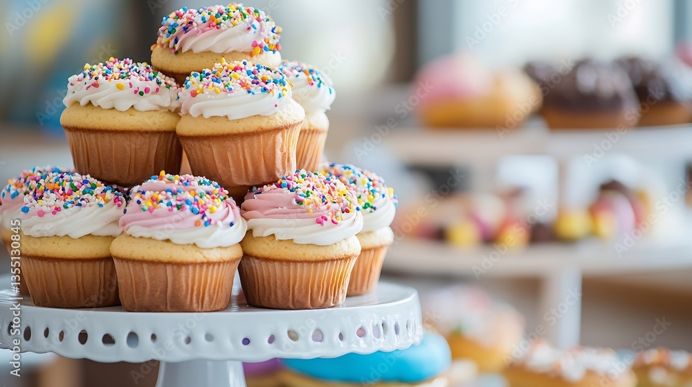 Aufkleber deliciously arranged cupcakes topped with colorful sprinkles in a bakery display : generative ai