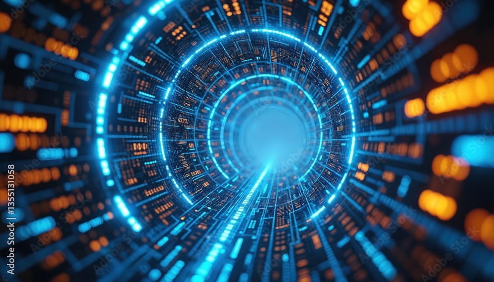 Aufkleber Futuristic tech tunnel with glowing blue lights, binary code, and data transfer concept. Cyber security or virtual reality. Tunnel with light, digital circuit patterns. Modern technology.