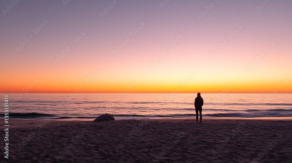 Poster serene sunset over a calm ocean with silhouette of a person enjoying the peaceful view : generative 