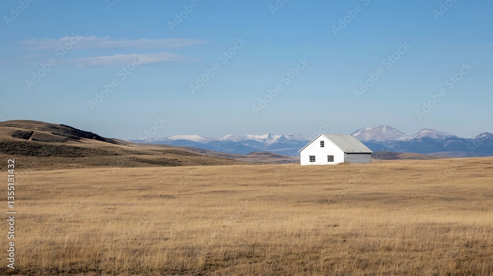 Poster lone white house nestled in a vast dry meadow with majestic mountains in the background : generative
