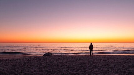 Fototapeta premium Serene sunset over a calm ocean with silhouette of a person enjoying the peaceful view : Generative AI