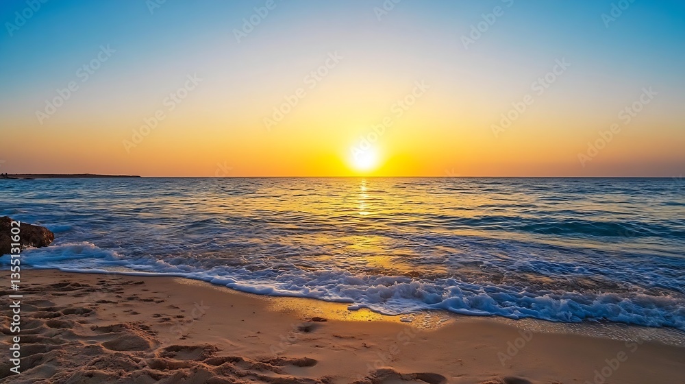 Aufkleber stunning sunset over the ocean with gentle waves on the sandy beach creating a tranquil atmosphere :