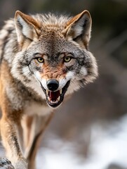 Fototapeta premium Fierce Coyote Approaching with Bared Teeth and Intense Gaze in the Wilderness : Generative AI