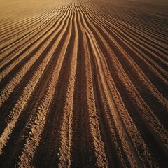 Fototapeta premium A birdâ€™s-eye view of a large, freshly plowed field with intricate furrows running across the land, the soil rich and inviting, ready for sowing.