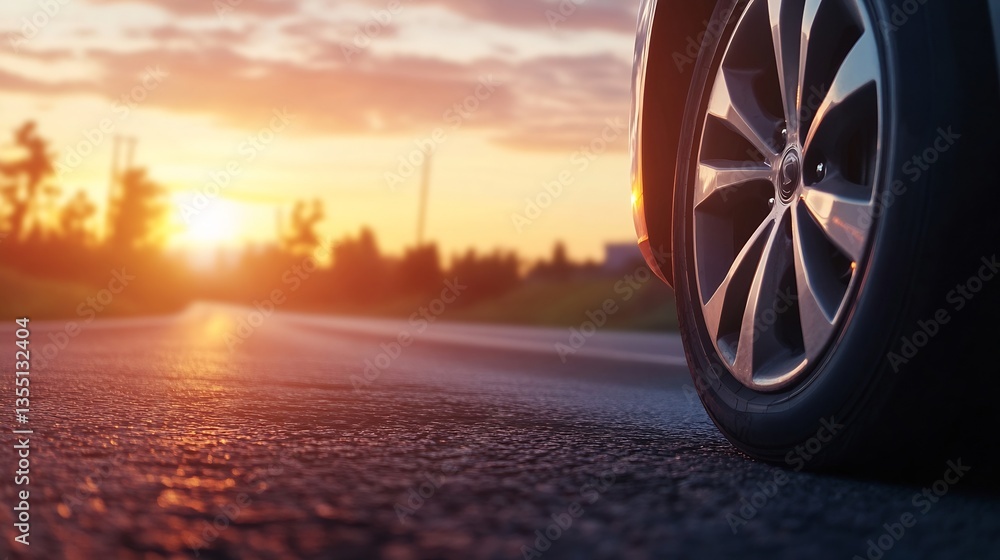 Poster closeup view of a car wheel on a road at sunset with a soft glow illuminating the scene : generative