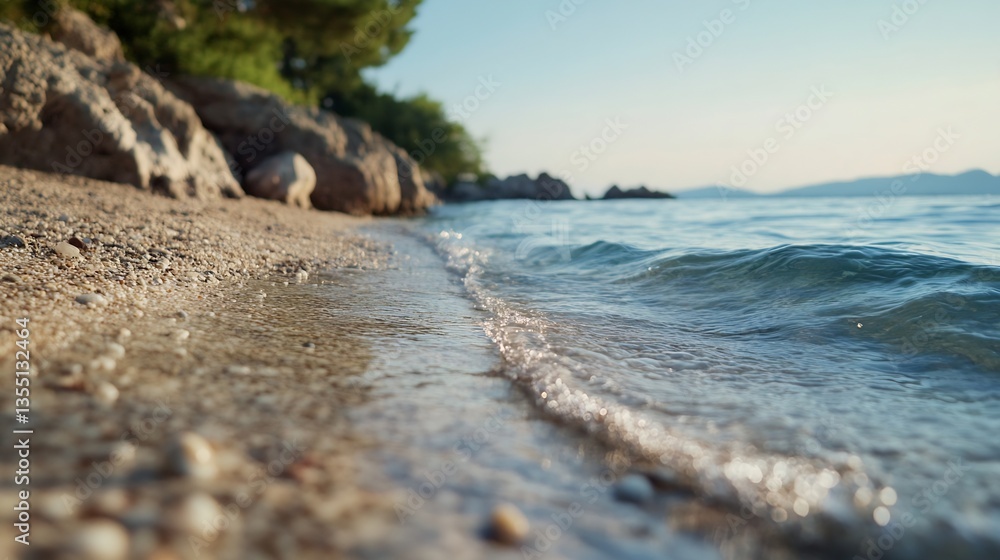 Aufkleber Tranquil shoreline with gentle waves lapping at the sandy beach during golden hour : Generative AI