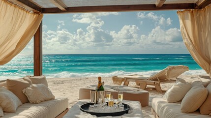 Obraz premium Luxury resort beach cabana with plush seating champagne on ice and panoramic ocean views high-end summer getaway